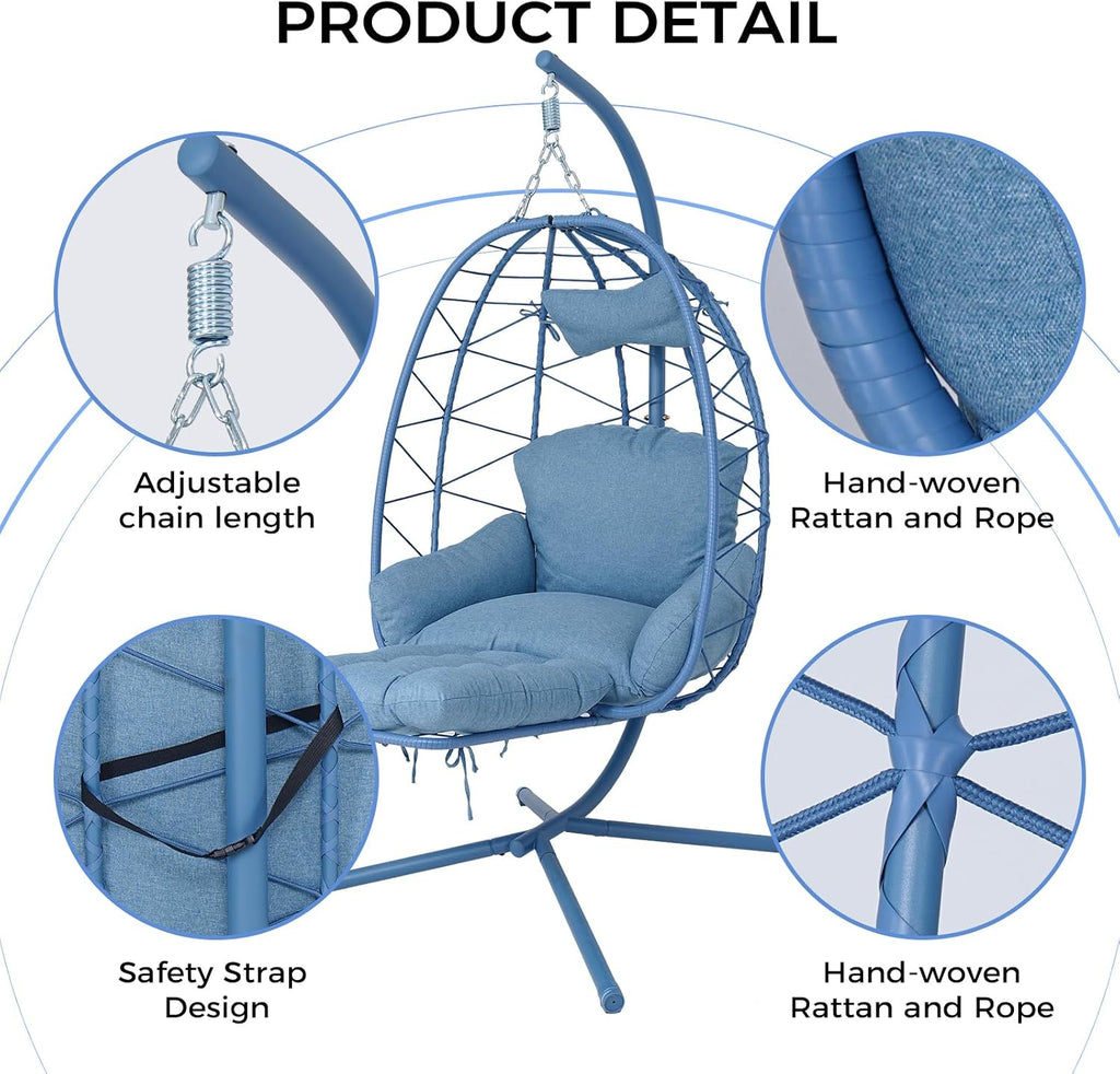 Hanging Egg Chair with Stand & Footrest, Rattan Wicker Swing Hammock Chair with Cushions, Outdoor Indoor Egg Swing