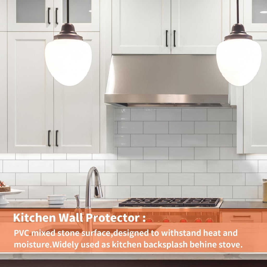 10- Sheet Polished White Peel and Stick Backsplash, 12''Luxury PVC Ceramic Look Self Stick Subway Tiles, Waterproof - Set of 10