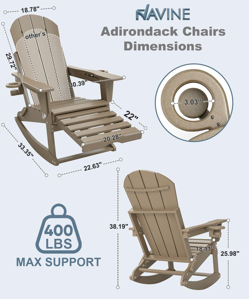 Folding Adirondack Rocking Chair with Retractable Ottoman, Brown | Folding Rocking Chair with Two Cup Holders ,High