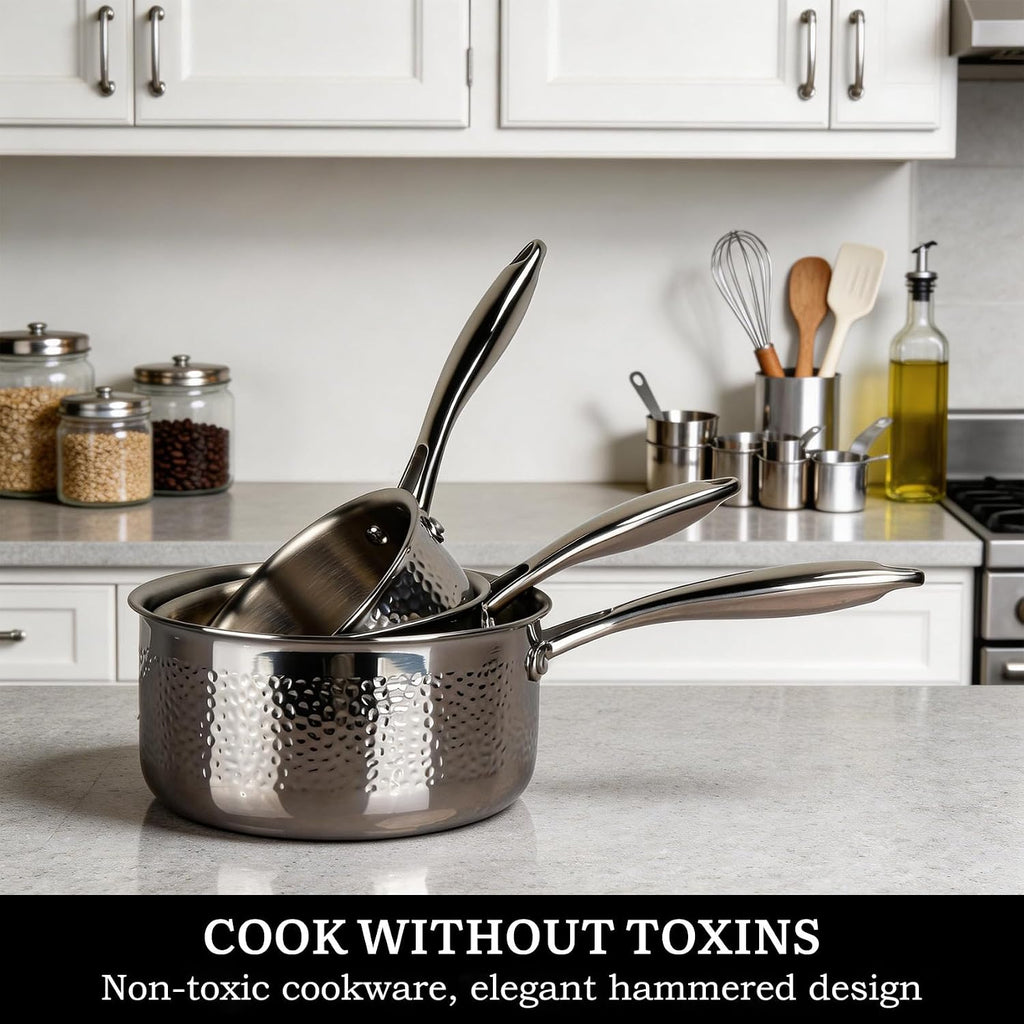 14-Piece Tri-Ply Hammered Stainless Steel Cookware Set | Multifunctional 14pc Pots and Pans with Steamer | Non-Toxic