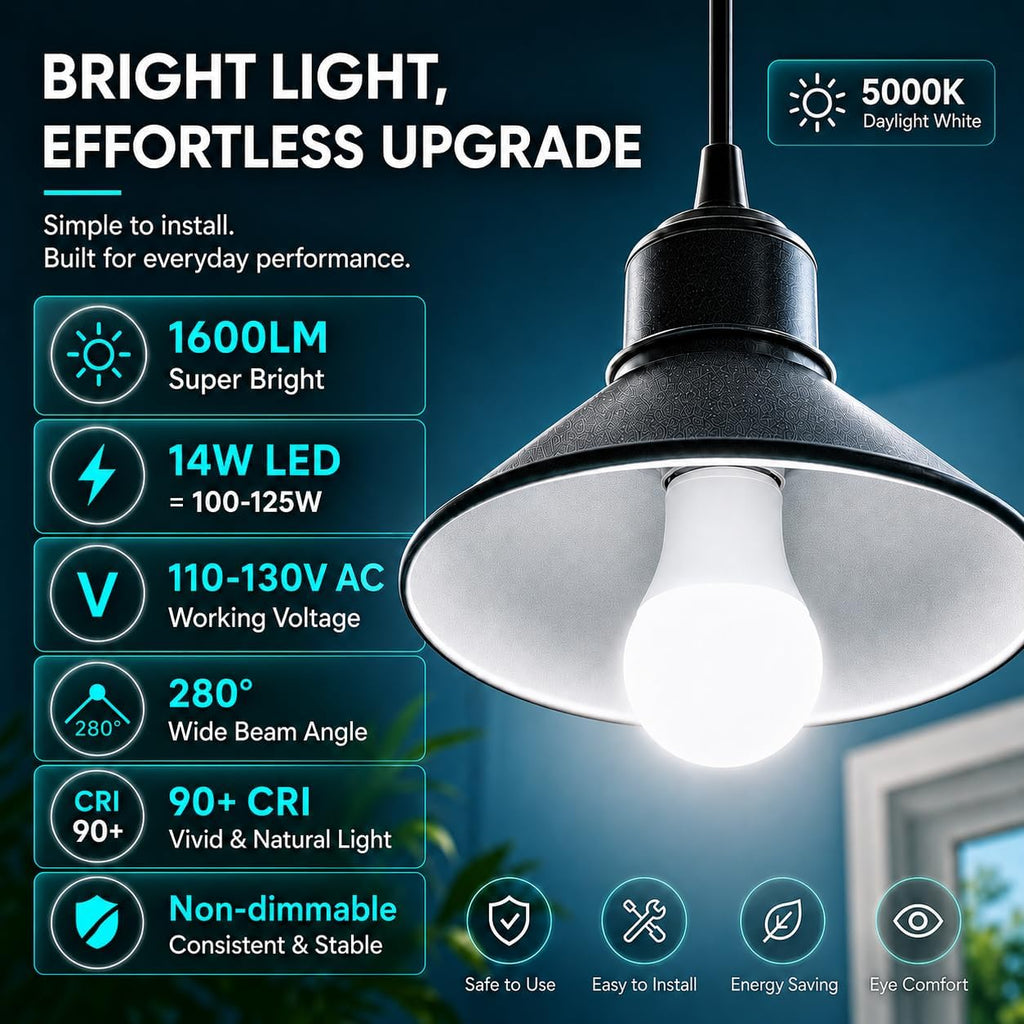14W A19 LED Light Bulbs 100-125 Watt Equivalent, 12 Packs 1600LM Bright 5000K Daylight White LED Bulbs, E26 Medium