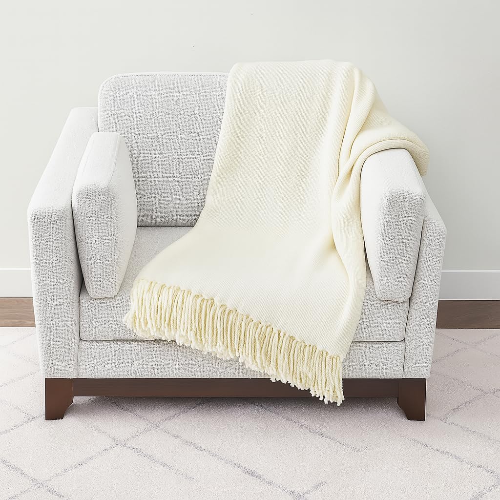 Classic Woven Solid Lightweight Throw Blanket with Fringe Design 50" W x 60" L - 4 Colors (Ivory)