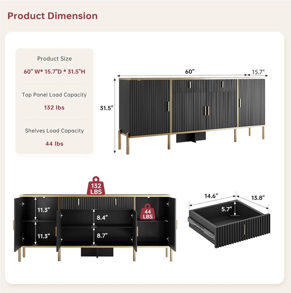 60" Fluted Buffet Cabinet with Storage, Modern Buffets & Sideboard with 2 Drawers, 4 Doors and Adjustable Shelves