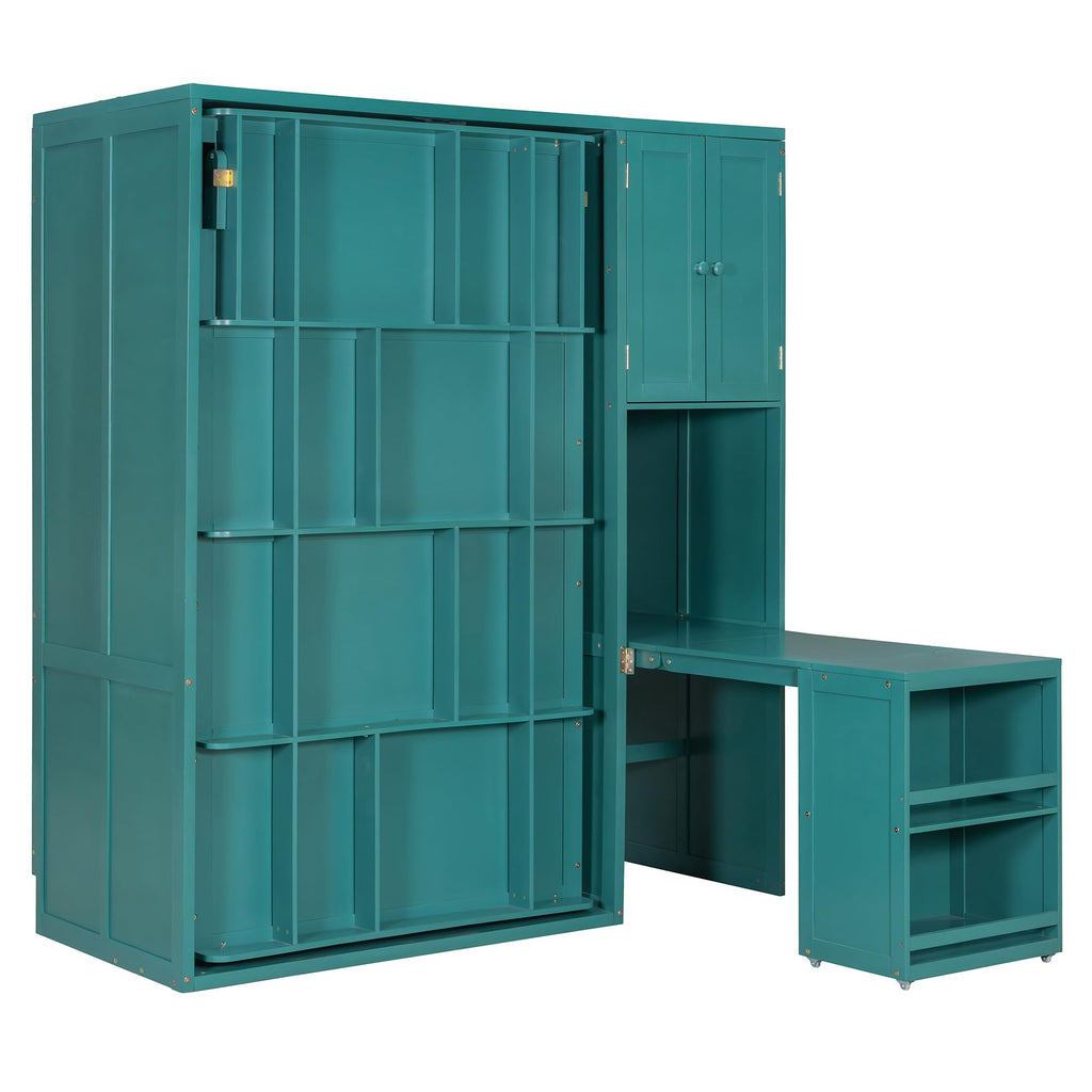 Twin Size Murphy Bed, Rotating Wall Murphy Beds with Bookshelf, Top Cabinet, Extendable Desk, Teal