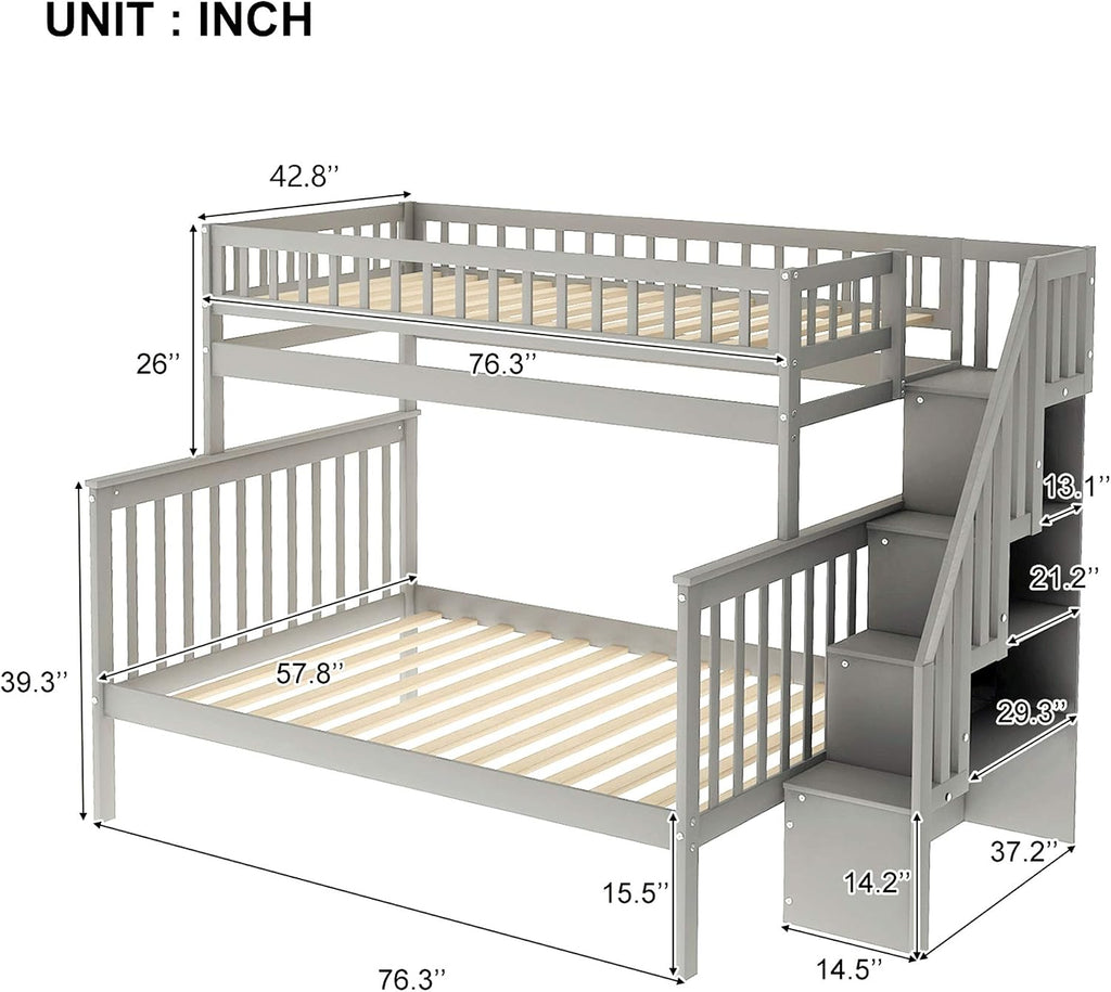 Twin Over Full Bunk Bed with Stairs, Wood Bed Frame with Storage Space and Guard Rail for Bedroom, Dorm, for Teens