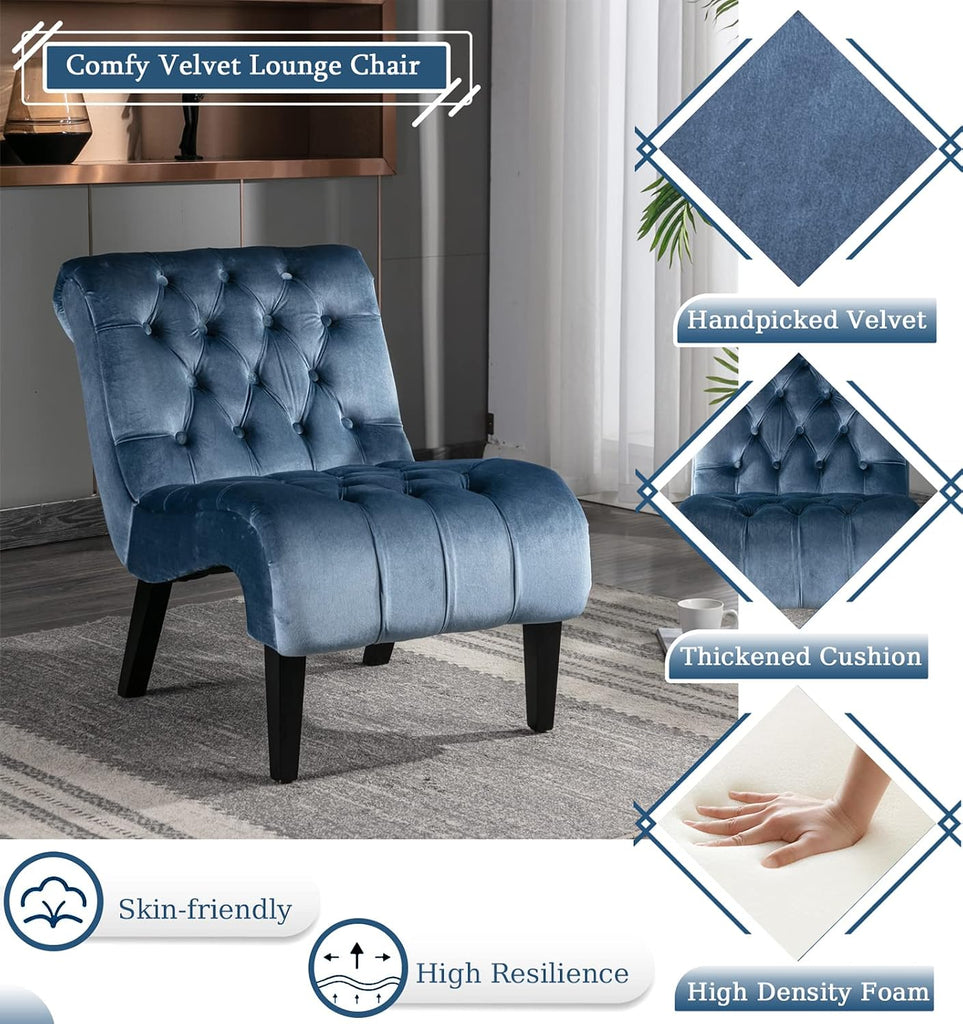 Comfy Velvet Accent Chair, Upholstered Armless Side Chair , Modern Small Lounger with Tufted Back and Rolled Edge