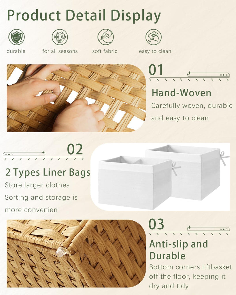 Storage Basket with Lid Rattan Woven Storage Baskets with 2 Separate Lids, 17.2 Gallon (65 L), 22 x 13 x 13.8
