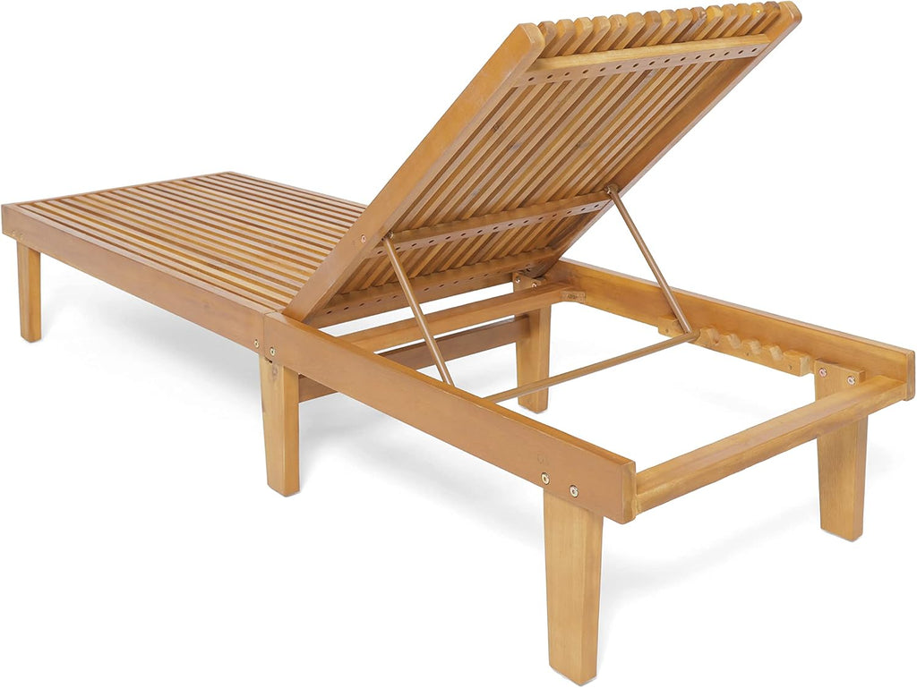 Outdoor Chaise Lounge Chair, Acacia Wood Frame Sunbathing Pool Lounger with 5-Position Adjustable Backrest, Patio