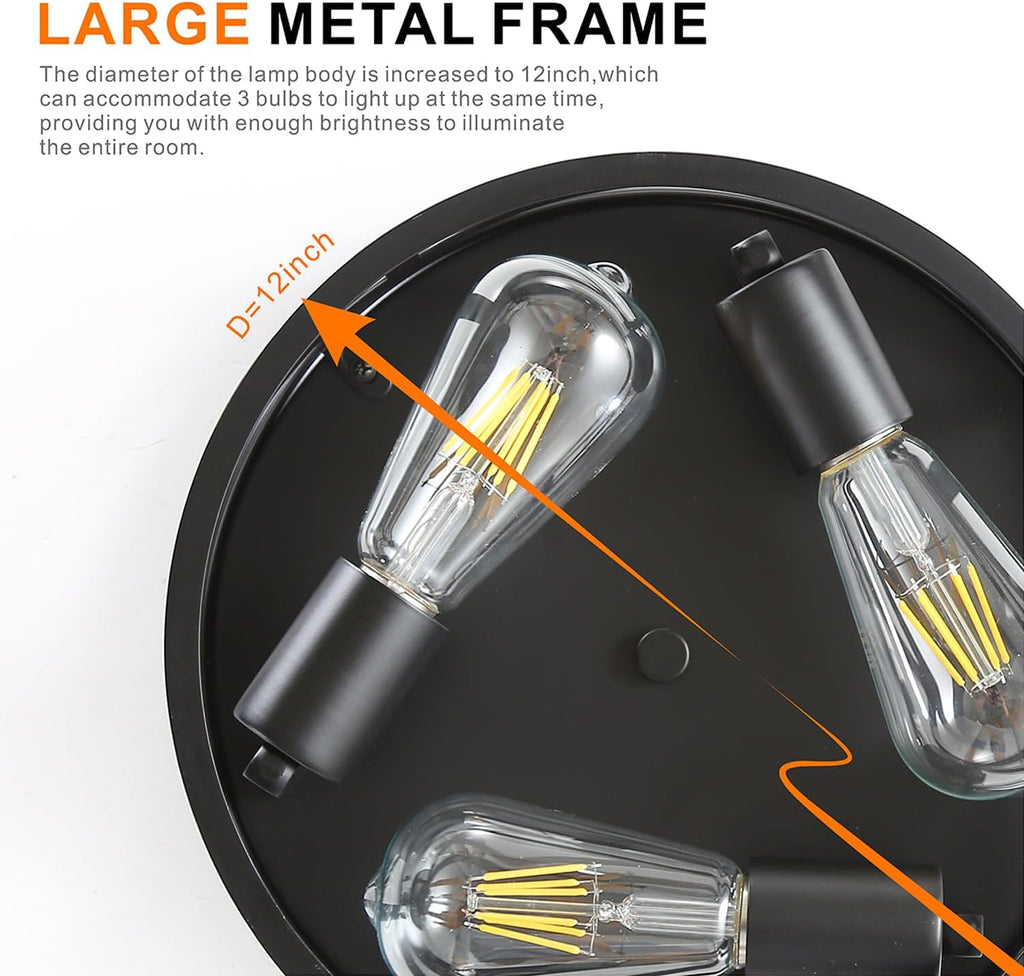 Farmhouse Flush Mount Ceiling Light 12 Inch E26 3-Light Large Black Anti-Rust Metal Cage Close to Ceiling Lamp for Overhead Entryway Kitchen Outdoor Porch 1pack