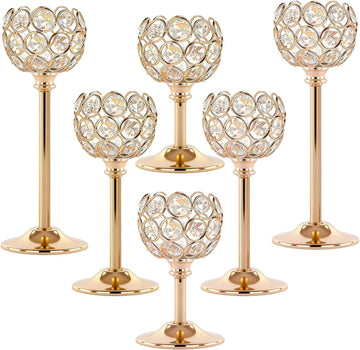 Crystal Candle Holders 2 Set of 6 - Gold Vintage Hollow Ball Candle Stand for Table Centerpiece, Crystal Metal