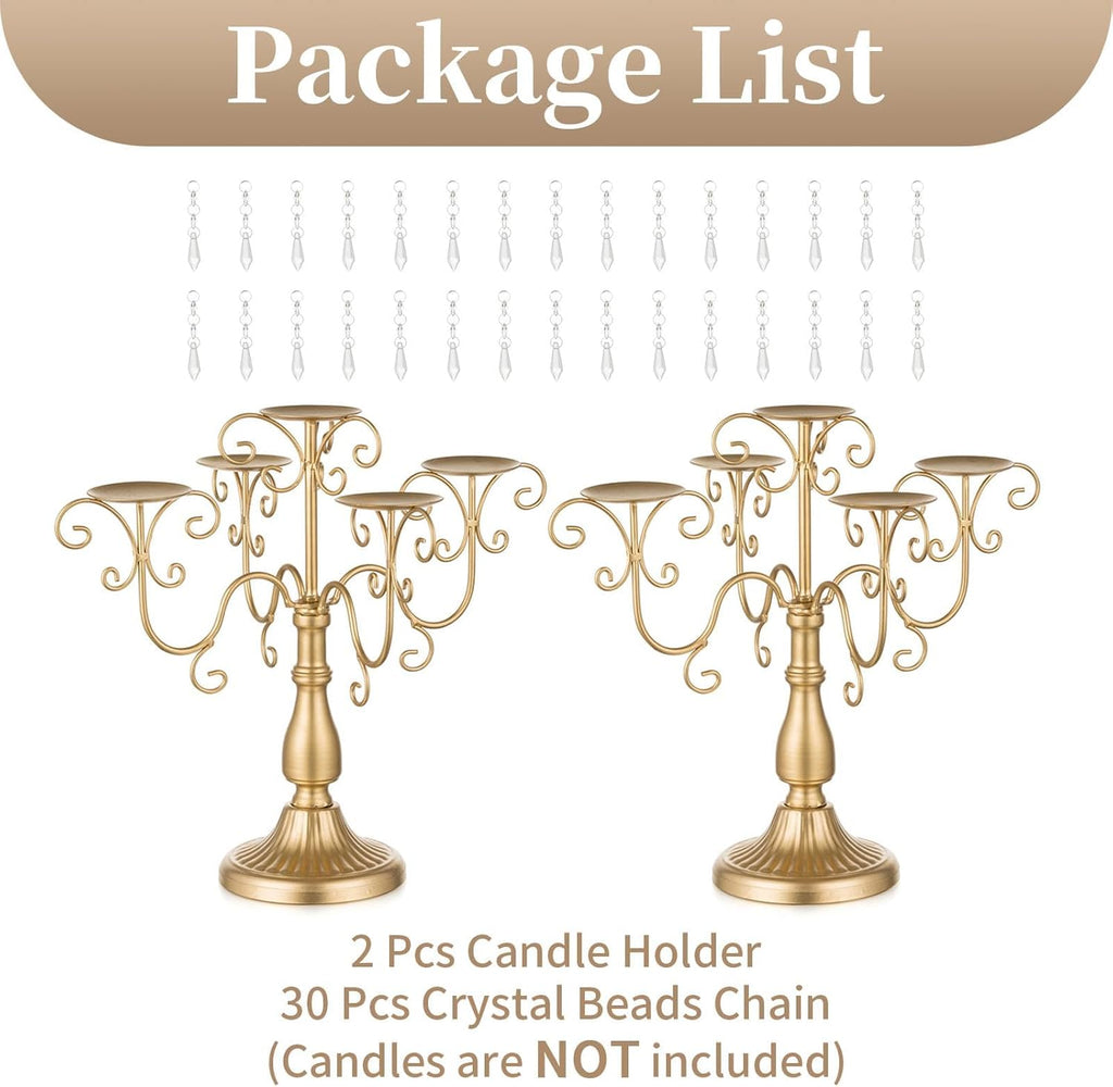 Gold Candelabra Candle Holder - 5 Arm Pillar Candle Holders with Crystal Beadsedding Candleholders Decoration Set of 2