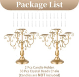 Gold Candelabra Candle Holder - 5 Arm Pillar Candle Holders with Crystal Beadsedding Candleholders Decoration Set of 2