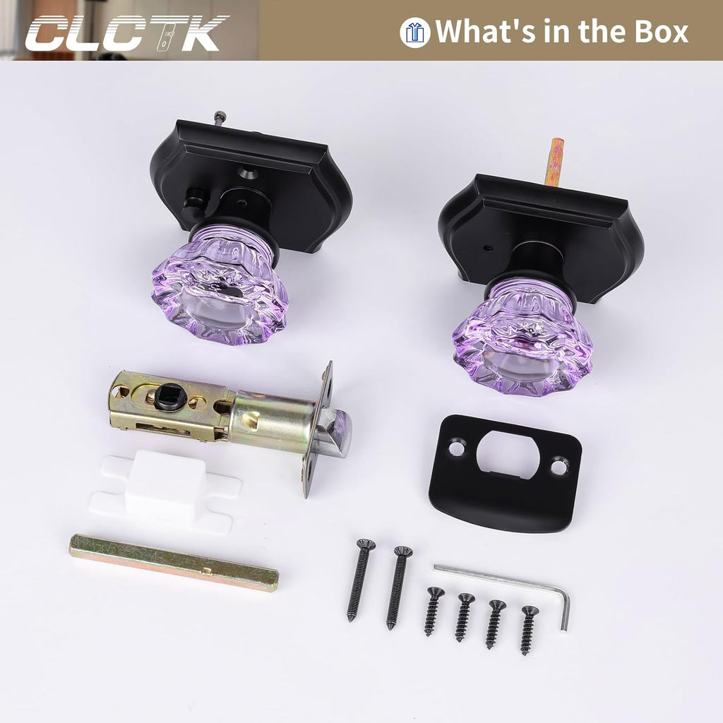 Purple Glass Door Knobs Interior with Lock, Matte Black Crystal Privacy Door Knobs Bathroom, 1 Pack