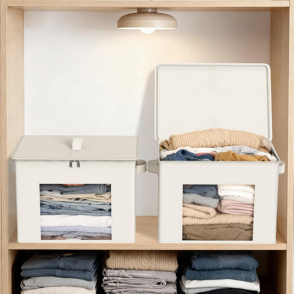 Fabric Storage Bins with Lid Sweater Closet Organizer, Beige,4 Pack | Stackable, Smooth Zipper, Clear Window, Cloth