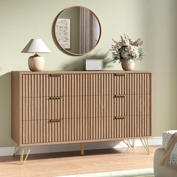 Fluted 6 Drawers Dresser , Wood Dressers with Scratch-Proof Golden Handles, Natural Curved Profile, Modern Double
