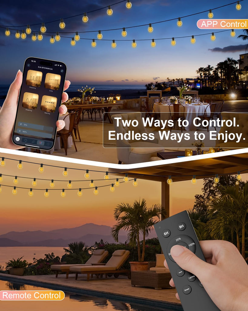 Outdoor String Lights, Smart APP & Remote Control Dimmable Patio Lights with Timer, Plug in LED String Lights