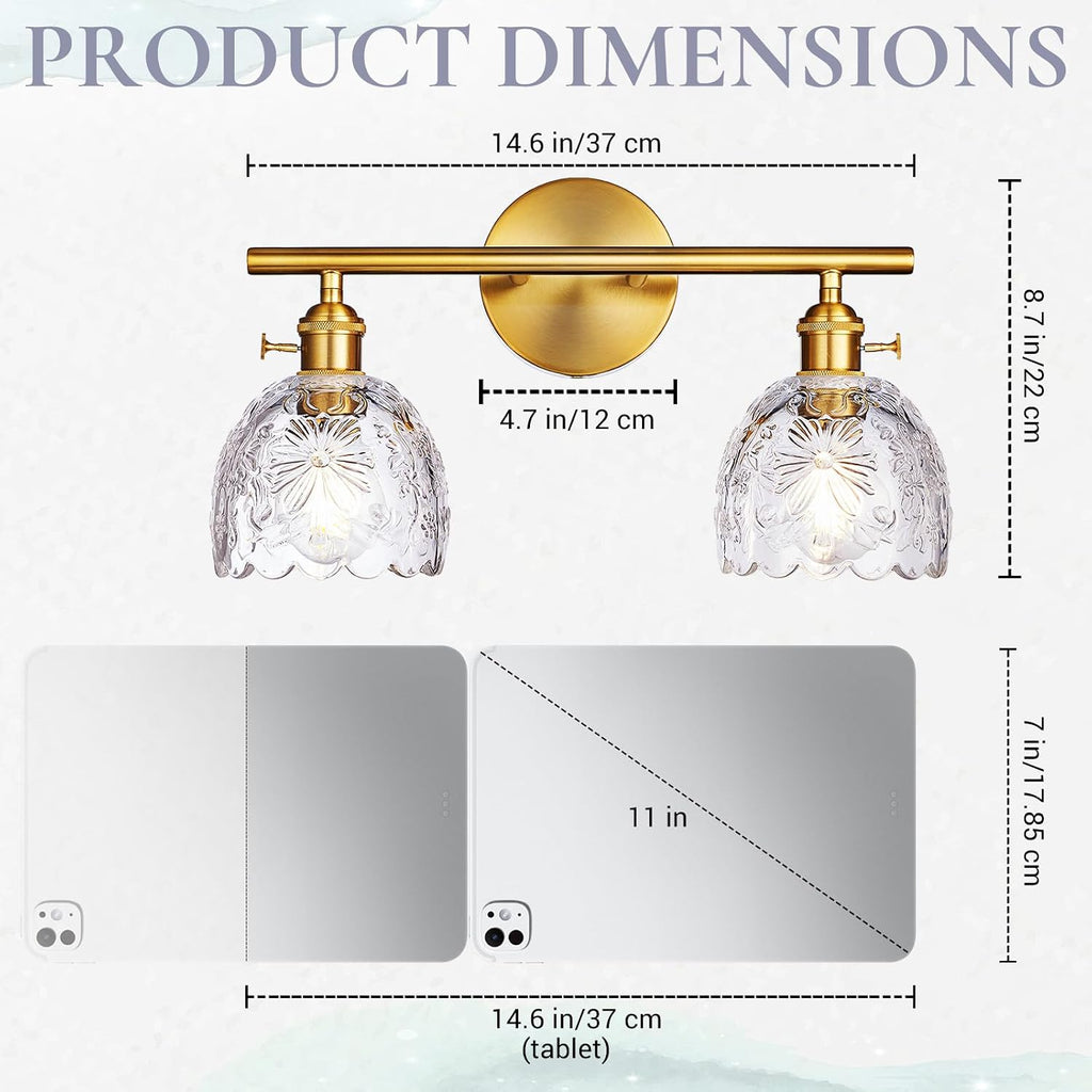 2-Light Bathroom Vanity Light Over Mirror, Brushed Gold Wall Sconce with Clear Floral Glass Shades, Modern Bathroom