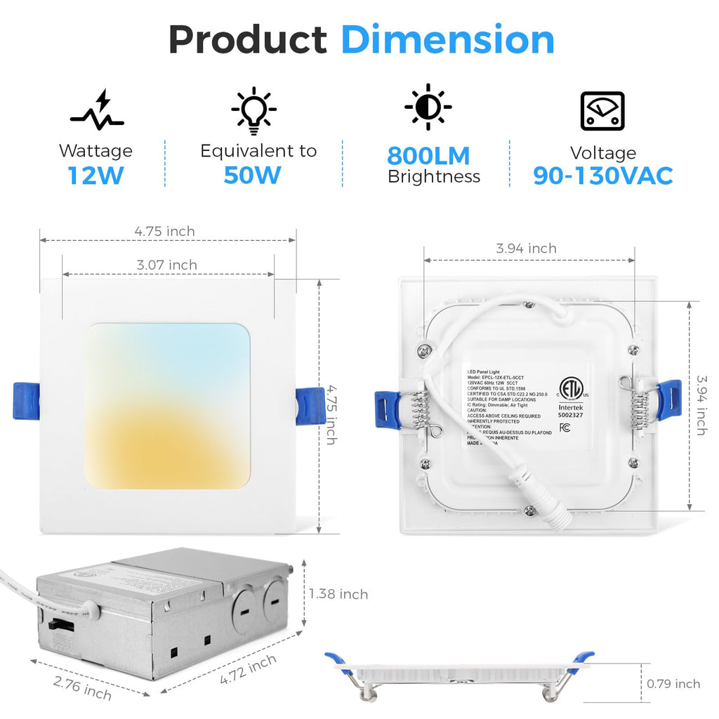 12 Pack 4 Inch Square LED Recessed Lighting, 5CCT, 12W, Dimmable