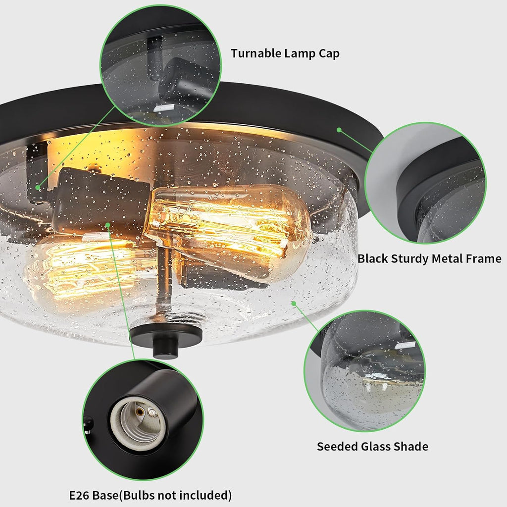 Black Flush Mount Ceiling Light Farmhouse Outdoor Porch Light Fixtures With Seeded Glass Shade