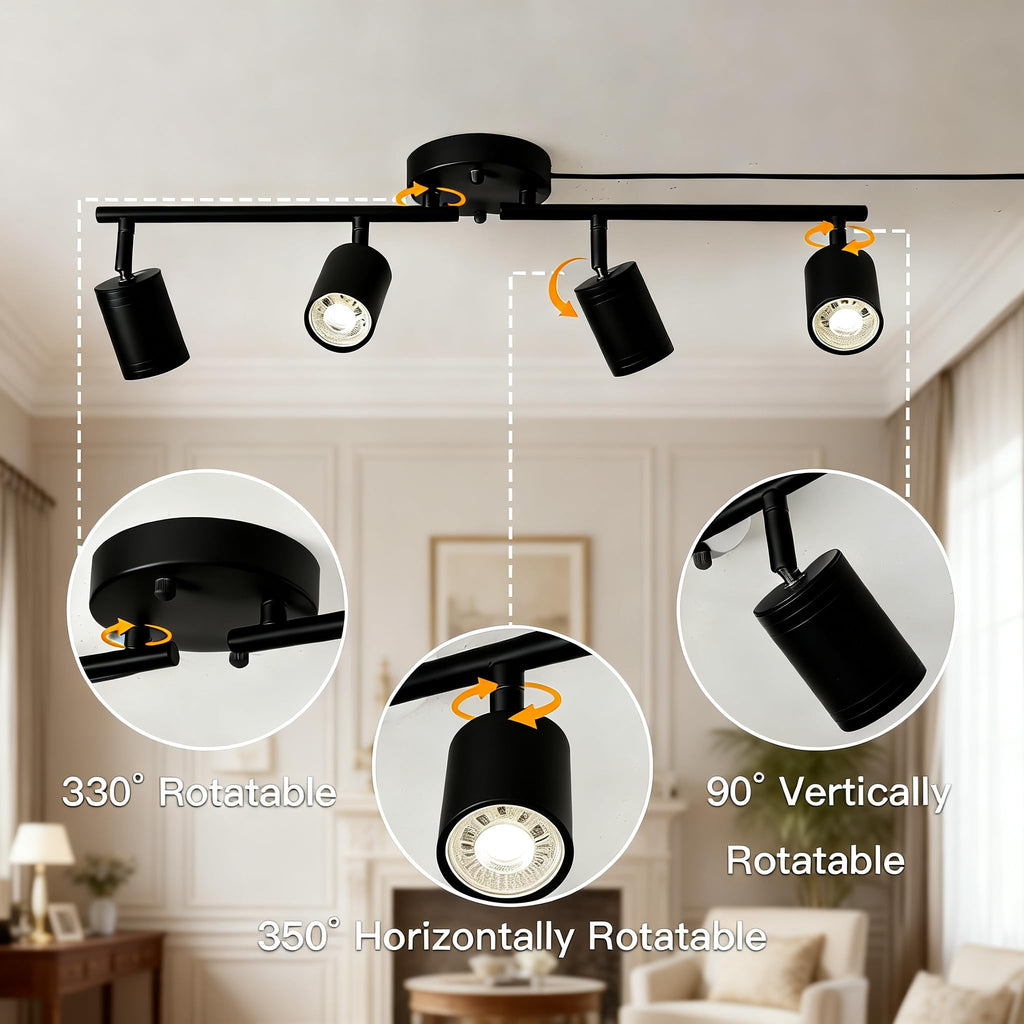(Bulbs Included) Plug in Dimmable Track Lighting, 4 Way Ceiling SpotLight Kit Matte Black, 20ft Long Cord