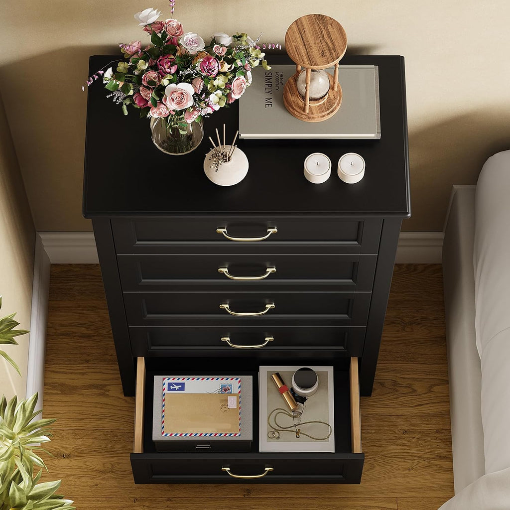5 Drawer Dresser, Black Wood Chest of Drawers , 43.3" Large Capacity Storage Cabinet with Anti-Tip Device, for