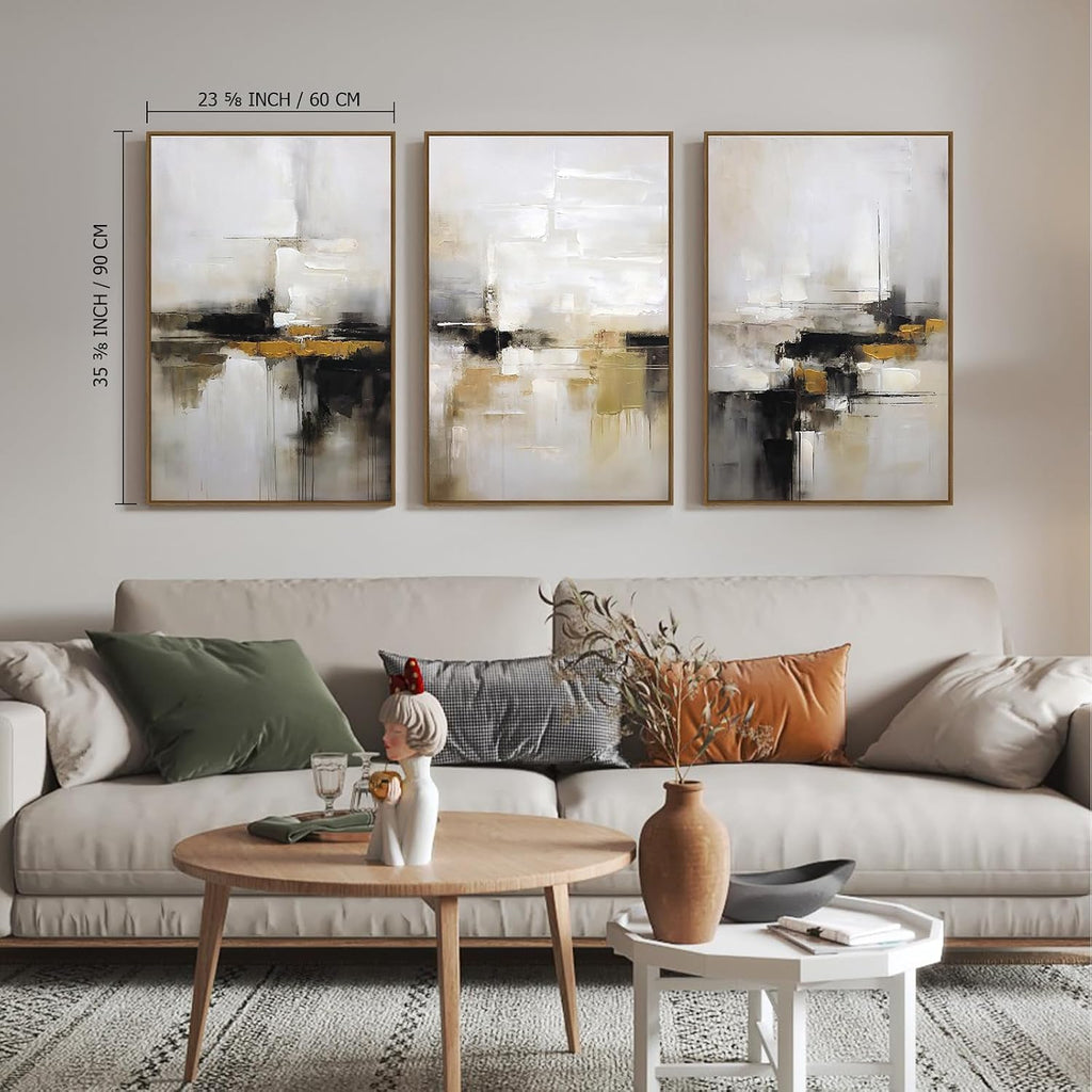 Neutral Abstract Wall Decor Mid Century Modern Framed Wall Art, Black and Brown Grunge Wabi Sabi Art Print Canvas Set