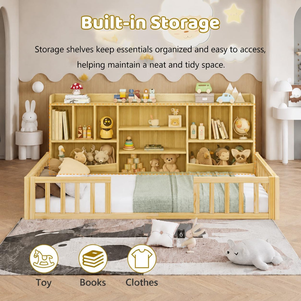 Full Size Floor Bed with High Solid Guardrail & 4-Tier Storage Cabinet, Premium Wood Bed Frame for Kids, Boys and