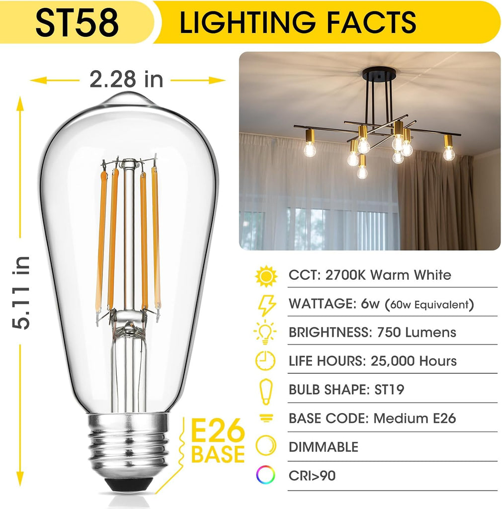 Vintage LED Edison Bulbs 6W, Equivalent 60W Incandescent, Warm White 2700K, ST58 Antique LED Filament Bulbs with 90+ (Pack Of 6)