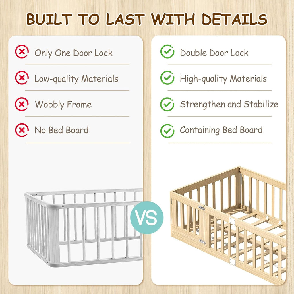Twin Montessori Floor Bed with High Guardrails and 2 Door Latch, Solid Wood Toddler Bed Frame with 10 Slats and
