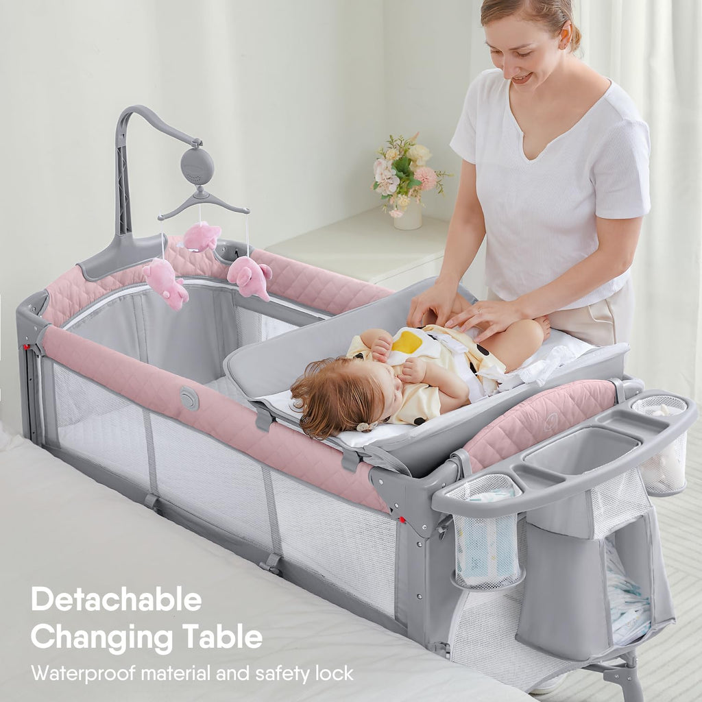 Baby Bassinet Bedside Crib, Pack and Play with Mattress, Diaper Changer and Playards from Newborn to Toddles,Pink