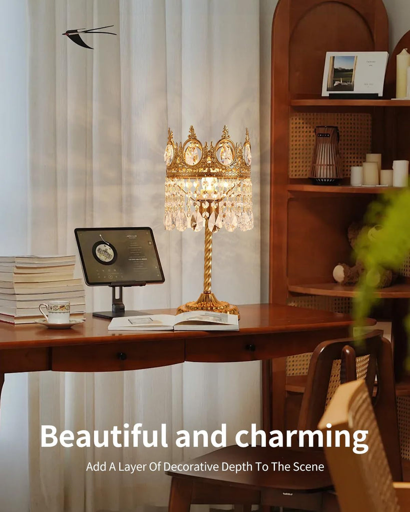 Vintage Gold Crown Shape Crystal Table Lamp, Small Bedside Nightstand Lamp