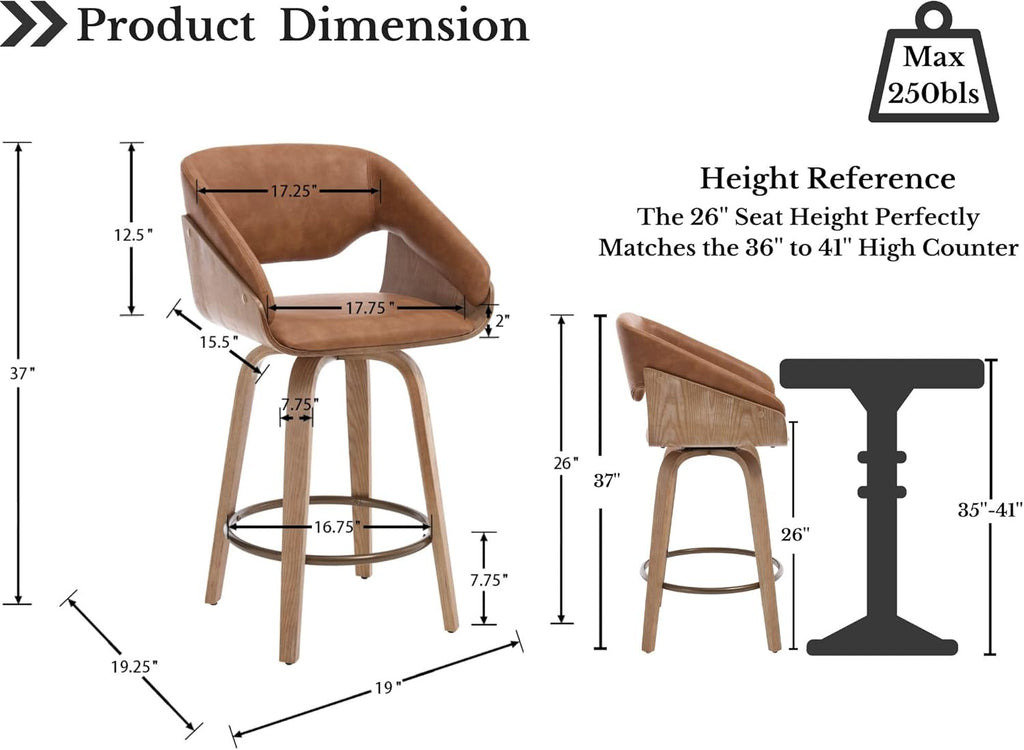 26 Inch Swivel Bar Stools with Back Set of 4, Brown Faux Leather Upholstered Counter Height Barstools with Solid