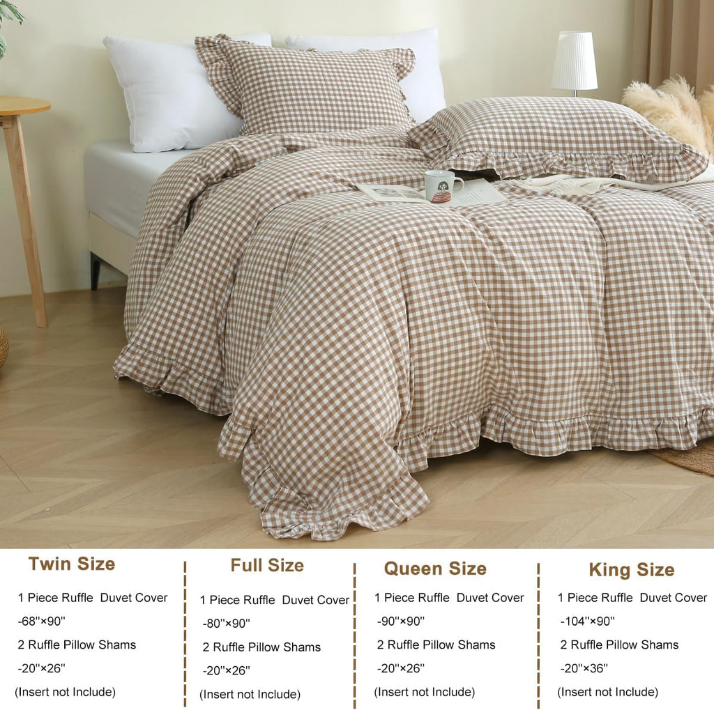 Taupe/White Plaid Ruffle Duvet Cover,100% Washed Cotton 3 Pcs Vintage Checkered Chic Gingham Bedding Set
