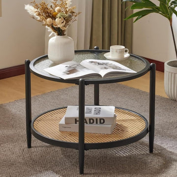 25.6" Round Glass Coffee Table, Rattan Coffee Table, Black