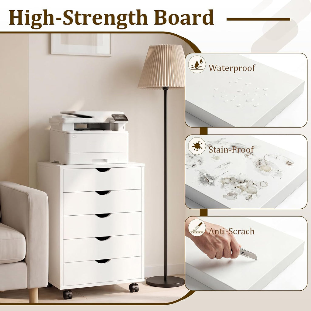 5 Drawer Rolling Storage Cabinet, Mobile File Cabinet , White | Rolling Storage Cabinet with 5 Drawers for Desk
