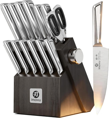 Japanese High Carbon Stainless Steel Knife Set with Block, Precision-Forged Gyutou Kitchen Knives with Built-in