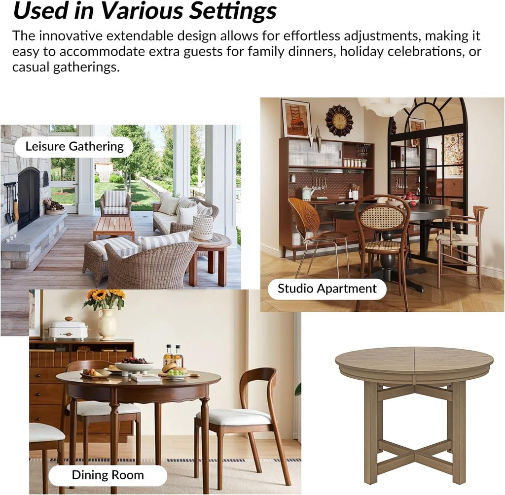 42"-60" Extendable Dining Table for 4, Solid Wood Round Oval Expandable Kitchen Dining Room Table with Butterfly