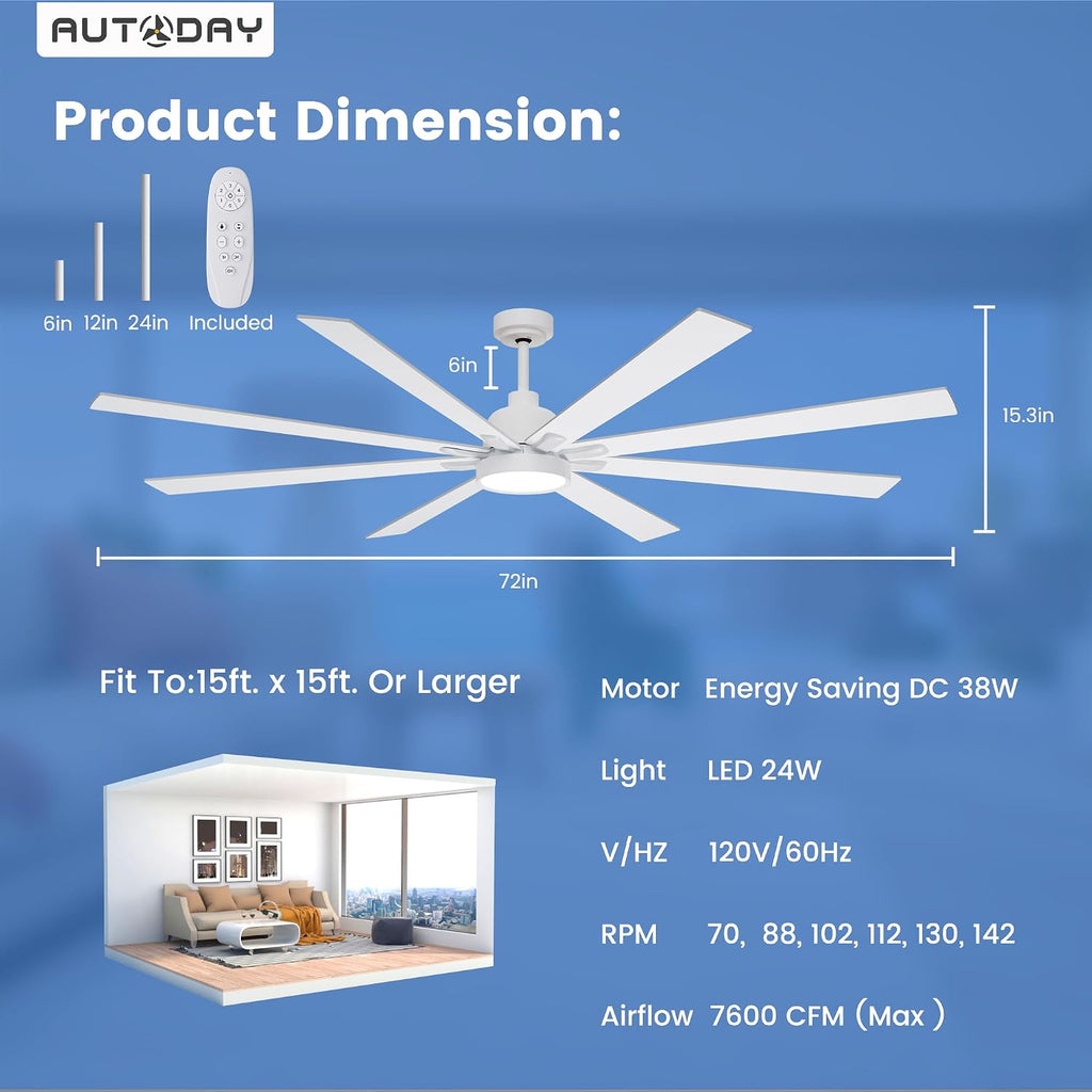72" Ceiling Fan with LED Light and Remote - White / Light Natural Wood