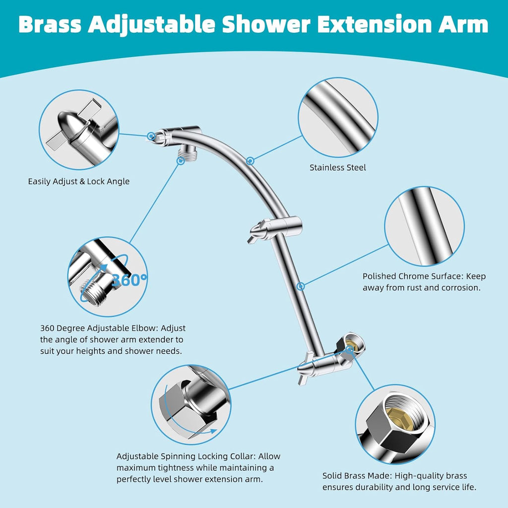 Rain Shower Head, 13'' High Pressure Rainfall Square 5 Spray Mode Showerhead with 16" Shower Head Extension Arm
