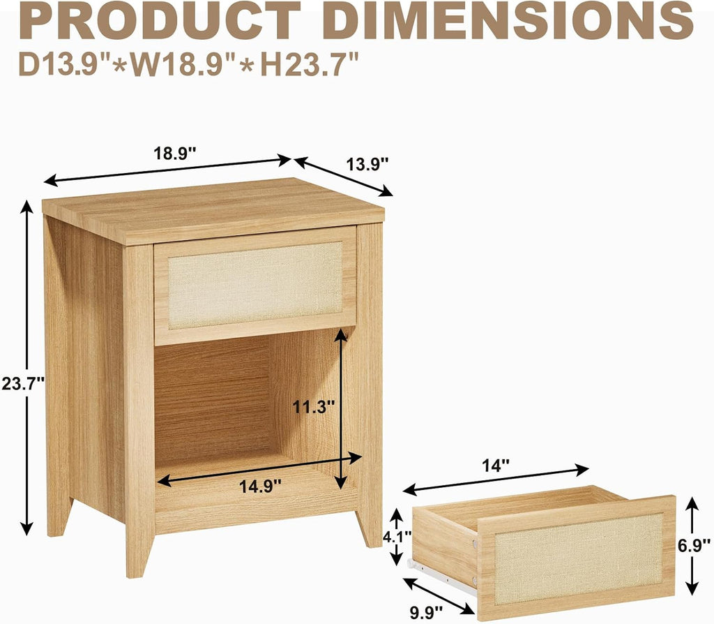Boho Nightstands Set of 2, Farmhouse Night Stand Bedside Table with Drawer and Storage Shelf Rattan End Tables Side