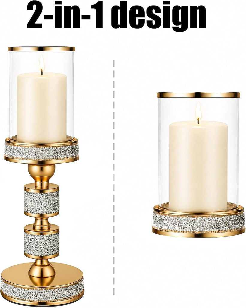 Hurricane Candle Holder, 13.5" Tall Metal Candle Stand, Glass Pillar Candle Holders, Crystal Gold Decorative
