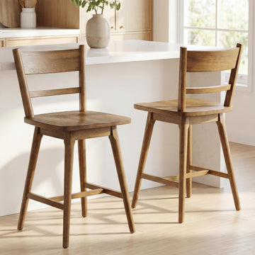 Swivel Counter Stools Set of 2, 24.5" Counter Height Solid Wood Bar Stools with Back & Wood Seat, Walnut Finish - Mid