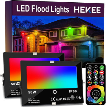 LED Flood Light Outdoor, 50W RGB Color Changing Floodlight with Remote Control, RGBW 120 Colors, 2700K, 5000 Lumens