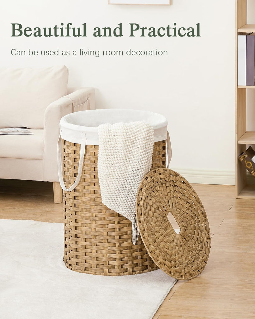 Laundry Basket with Lid Round 29.1 Gal PE Rattan, Natural | Family Clothes & Blanket Trunk with Lid, Removable Liner