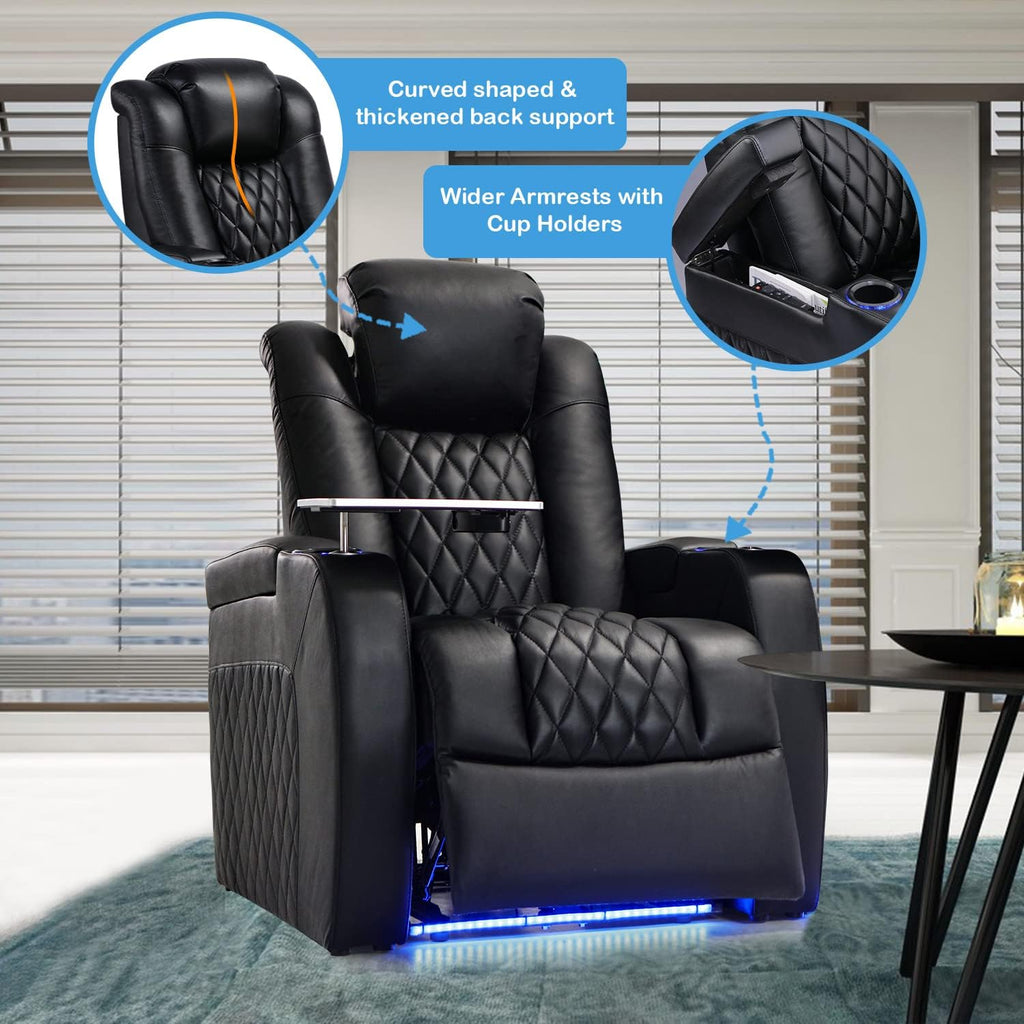 Home Theater Seating Top Grain Nappa Leather Recliner Chair Dual Power Movie Gaming Sofa Electric Headrest with Tray