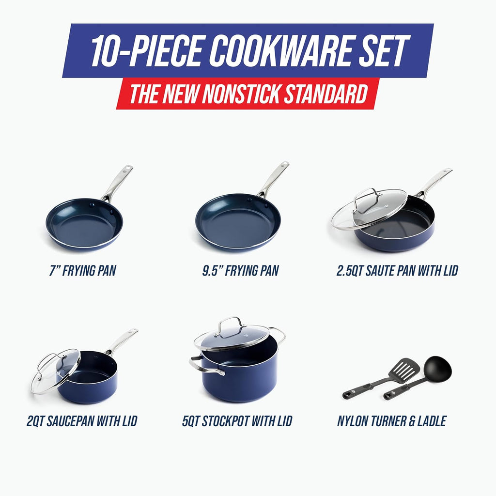10 Piece Ceramic Nonstick Cookware Pots & Pans Set, Blue | PFAS-Free Diamond Infused Ceramic Nonstick, Metal Utensil