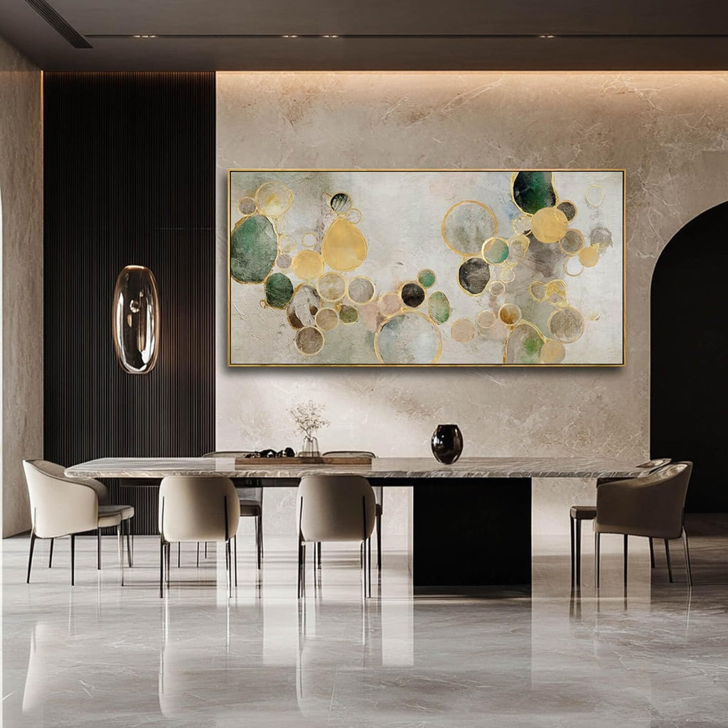 Abstract Canvas Wall Art Gold Circle Painting Green Artwork Framed Wall Prints Office Wall Decor Colorful