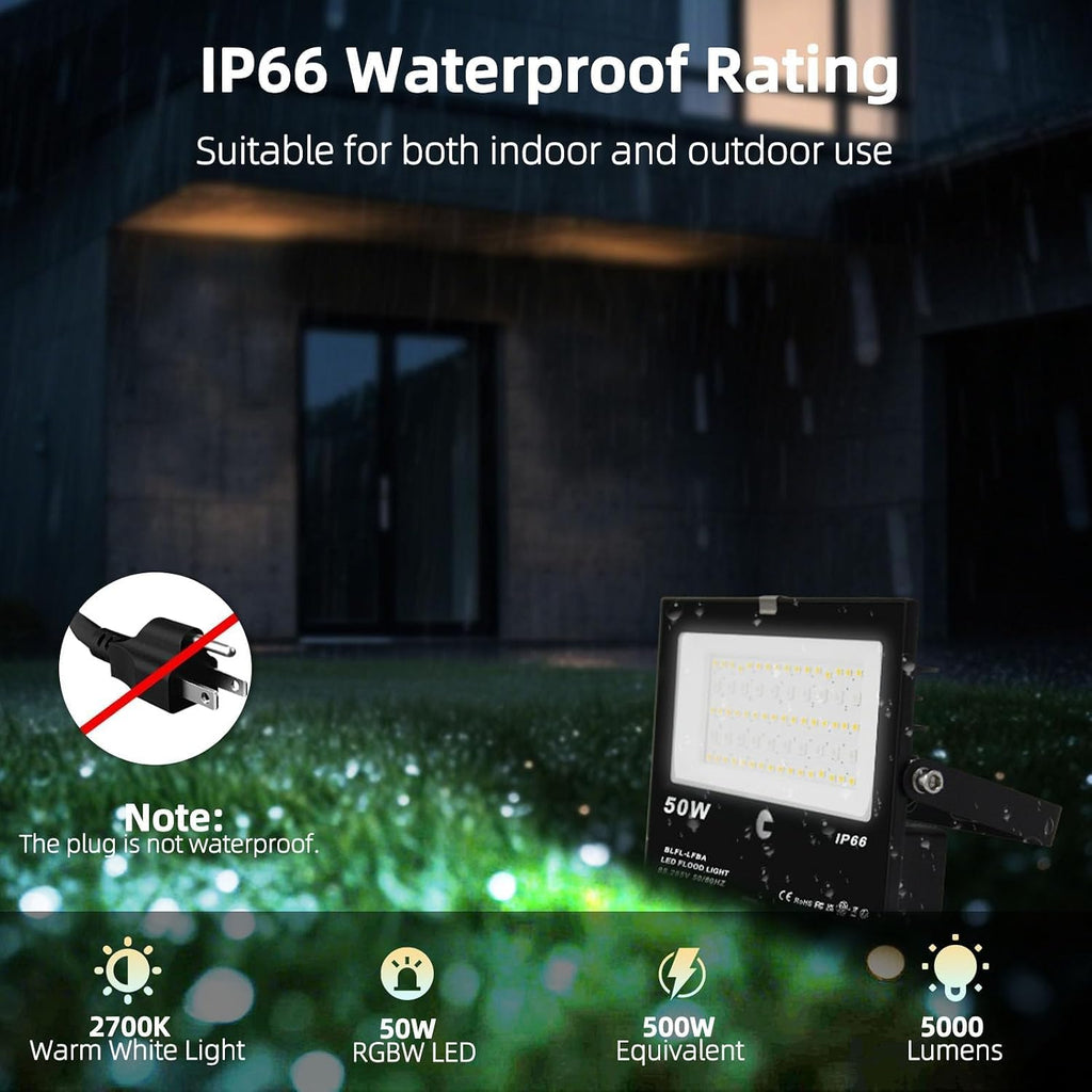 LED Flood Light Outdoor, 50W RGB Color Changing Floodlight with Remote Control, RGBW 120 Colors, 2700K, 5000 Lumens