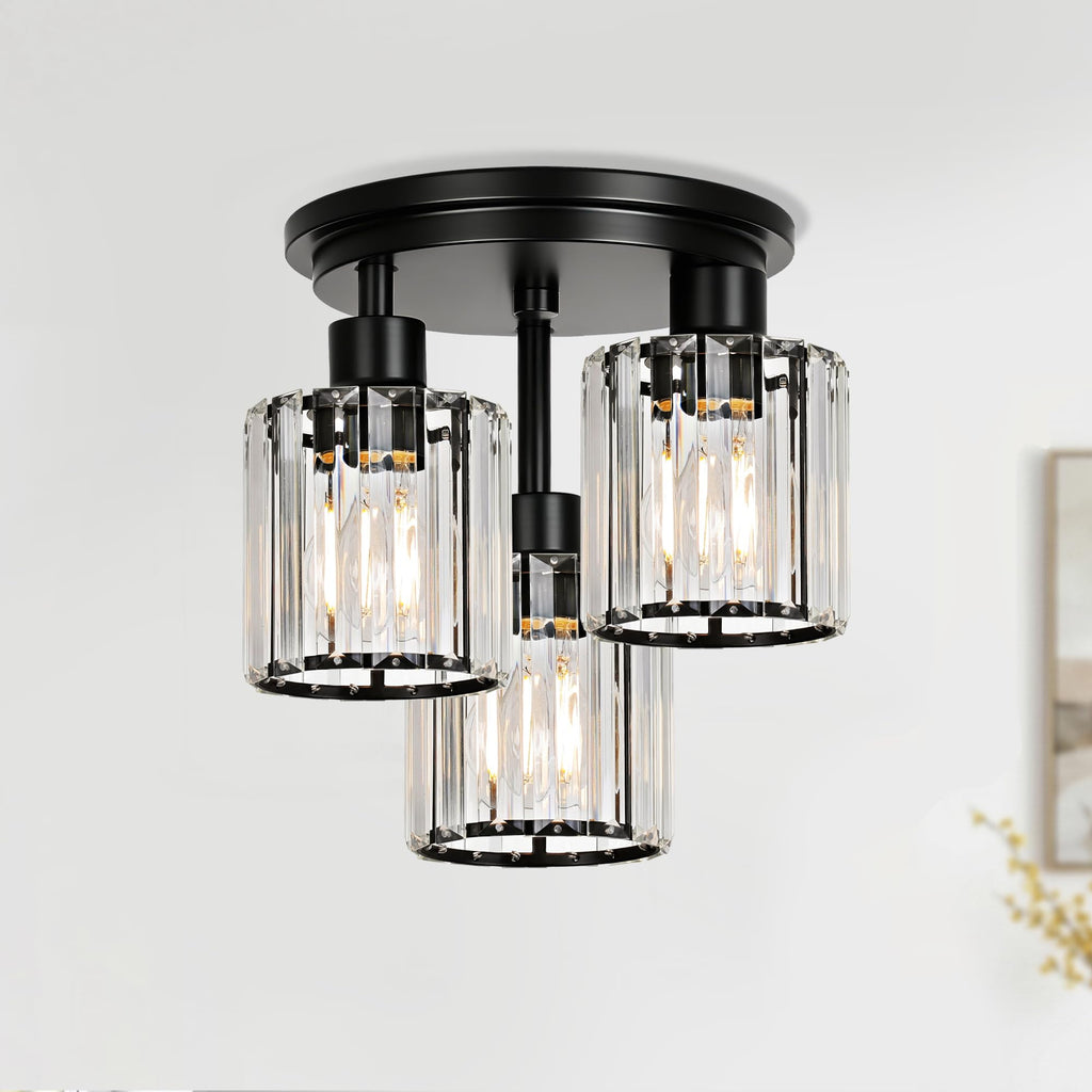 Crystal Semi Flush Mount Ceiling Light, 3-Light Modern Close to Ceiling Light Fixtures, Black Kitchen Light Fixture