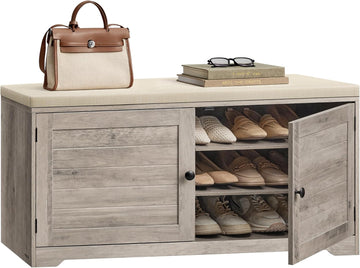 Shoe Storage Bench with Cushion, 3-Tier Entryway Bench with Padded Seat, Doors, Adjustable Shelves, 14 x 39.8 x 20.7